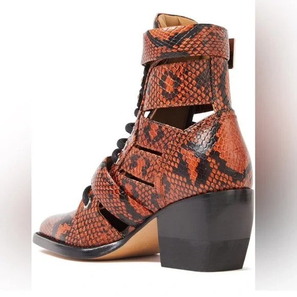 New! CHLOE Rylee Snake-Effect Leather Ankle Boots | Lace-Up Cutout Block Heel - Picture 4 of 16